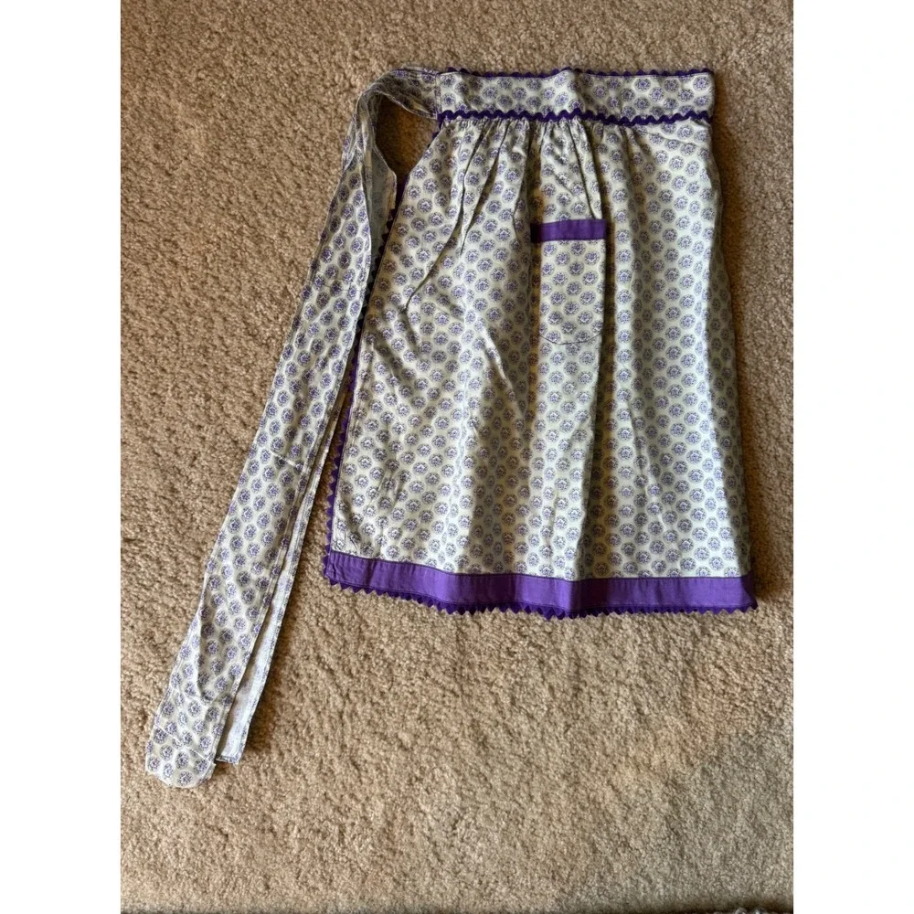 Vintage Purple Floral Half Apron Rick Rack Trim Pocket Handmade Retro Kitchen